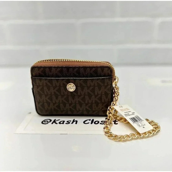 Michael Kors Medium Logo Zip Chain Card Case Wallet Brown - Picture 2 of 6